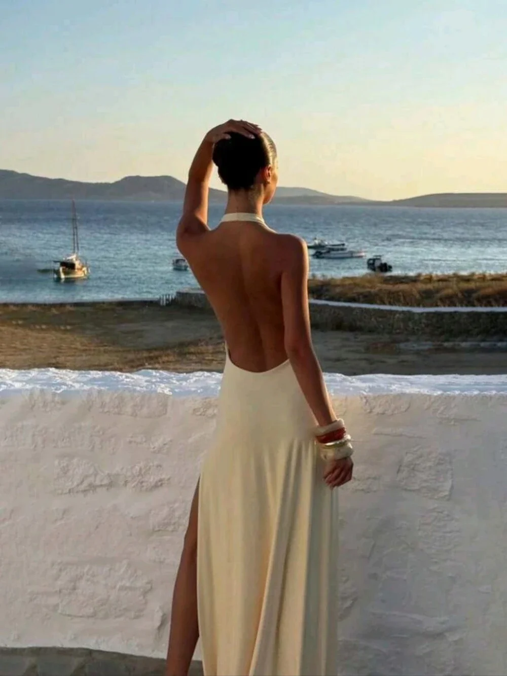 Women's Summer Fashion Elegant Sexy Vacation Bohemian Style Solid Color Spaghett